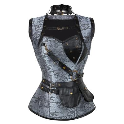 China Antibacterial Cheap Price Steampunk Overbust Corset Steel Boned Bustier Top Jacket With Pocket for sale