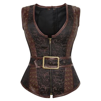 China Brown Steampunk Korset Overbust Antibacterial Gothic Bustier Zipper Corset Top Corselet for sale