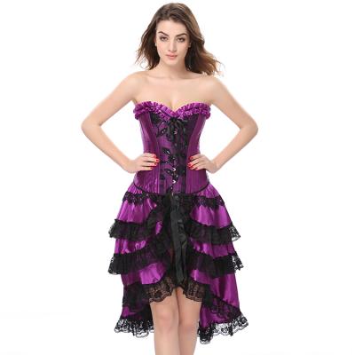 China Viable Burlesque Gothic Overbust Corset Dress Purple Satin Lace Up Boned Bustier Tops And Layered Skirt for sale