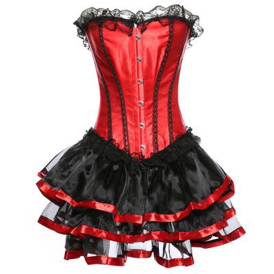 China Sustainable Red Corset Dress Set Women's Lace Boned Overbust Bustier Top With Layer Mini Skirt for sale