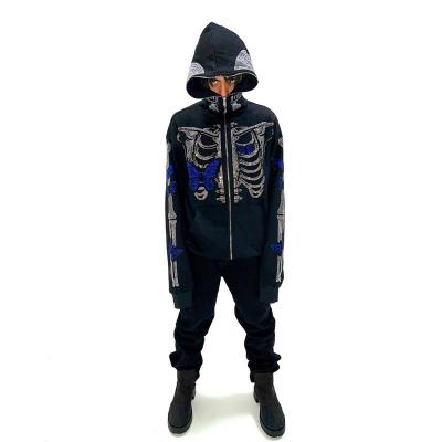 China Halloween Custom Breathable Zipper Up Full Skull Snap Tudung Butterfly Diamond Diamond Zipper Up Skeleton Hoodie for sale