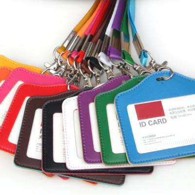 China Eco-friendly Faux Leather Lanyard ID Card Holder PU Hanging With Long Neck Strap Band for sale