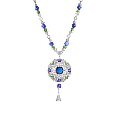 China Fashion High Grade 18K Plating Long Chain Sweater Rhodium Blue Green Pendant Necklace Earring Set for sale