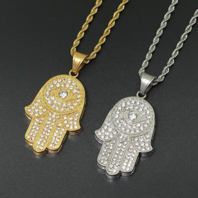 China 2022 Hip Hop Titanium Steel Zircon Setting Pendant Fashionable Jewelry Hand Shaped Stainless Steel Necklace for sale