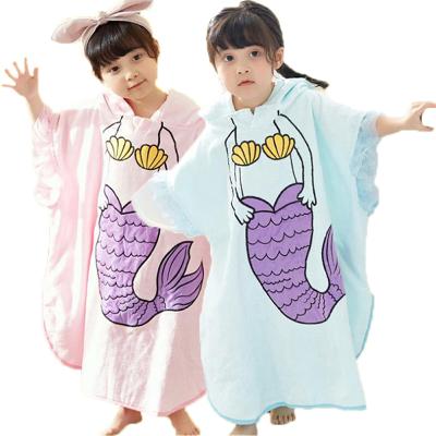 China Fashion QUICK DRY New Item Pure Pink/Blue Printing Mermaid Children Swimming Pool Beach Hoodie Towel for sale