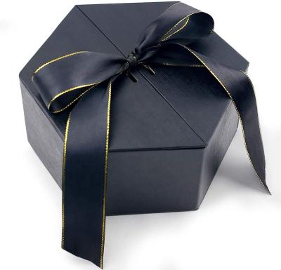 China Recycled Materials 8 Inches Tall Hexagon Black Gift Box with Cover Ribbon and Lafite for Wedding, Halloween, Christmas Gifts, Valentines Day for sale