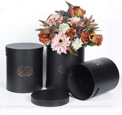 China Recycled Materials Black Luxury Round Flower Bouquet Gift Boxes With Lids Cylinder Florist Packaging Cardboard Box For Flower Supplies Set / 3 for sale