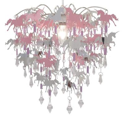 China Antique Unicorn Chandelier Children Bedroom Lamp Shade for Girls Nursery Decoration Pink Purple Silver with Shiny Pendants for sale