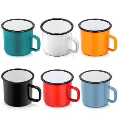 China Viable Factory Campfire Enamel Coffee Mugs Espresso Coffee Mug Sublimation White Enamel With Colorful Curved Rim for sale