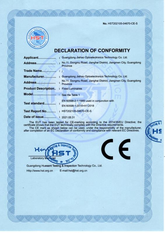 CE - Guangdong Jhow Opto-Electronic Technology Co., Ltd.