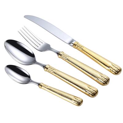 China Home Stainless Steel Gold Flatware Set Hotel Spoon Knife Fork Knife Hollow Handle Viable High End Main Cutlery for sale