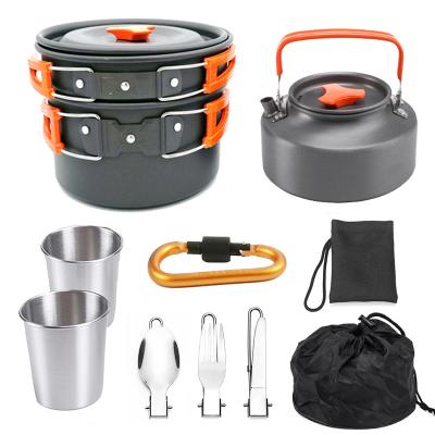 China Sustainable camping tableware cookware set for 2 or 3 non people aluminum stick outdoor cookware sets for sale