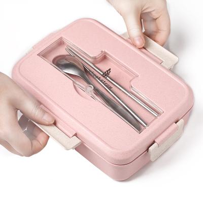 China Microwave Sustainable Wheat Straw Lunch Box With Spoon Chopsticks Food Storage Container Desktop Bento Lunch Box for sale