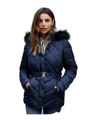 China Anti-wrinkle Ladies Regular Belted Padded Jacket With Faux Fur And Hood for sale