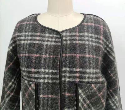 China Anti-wrinkle ladies' jacket round neck check printed woolen jacket long sleeves plaid jacket with PU piping for sale