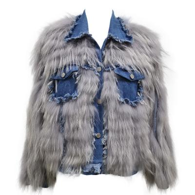 China Anti-wrinkle quilt coverall noble fashionable design long sleeve fur denim jacket for sale