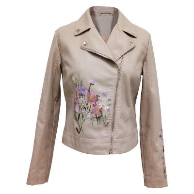 China Waterproof Custom Ladies Fashion Biker Leather Jackets PU Fabrics For Girl Rose Flower Embroidery Jacket for sale