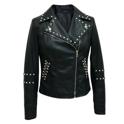 China Fashionable Women's Jacket Motorcycle Biker Pearl Rivet Popular Punk PU Leather Jacket Waterproof For Women for sale