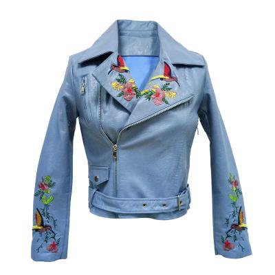 China Ladies Style PU Leather Waterproof Fabric Blue Leather Jacket Short Motorcycle Jacket With Colorful Embroidered for sale