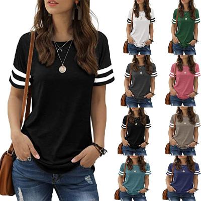 China 2021 New Summer Anti-Wrinkle Cotton Solid Color Splicing T-shirt Women Various Colors Stripe Available Casual Round Neck for sale