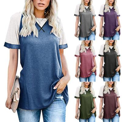 China Anti-Wrinkle Leopard Print Popular Casual Solid Splicing Top Short Sleeve T-shirts Women Round Neck Tees for sale