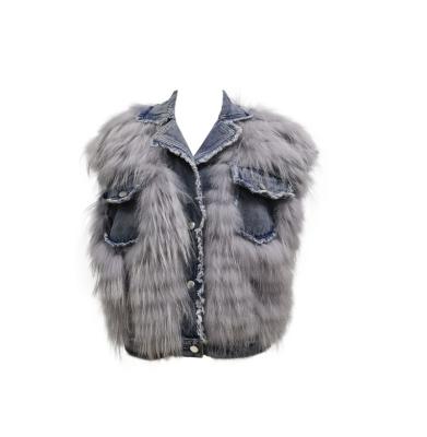 China New Fashion Temperament Design Jumpsuit Quilt Soft Shorts Gray Denim Fur Vest Women Breathable Clothing for sale