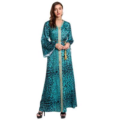 China Fashion Anti-Static Leopard Print Middle Eastern V-neck Flare Sheath New Dress Lace Up Abaya Long Robe Satin Muslim Dress For Women for sale