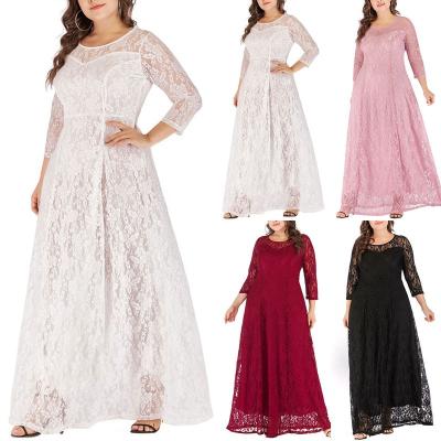 China Autumn Plus Size Dress Lace Anti-static Hollow Round Collar Long Sleeve Plus Size Muslim Dress For Women for sale