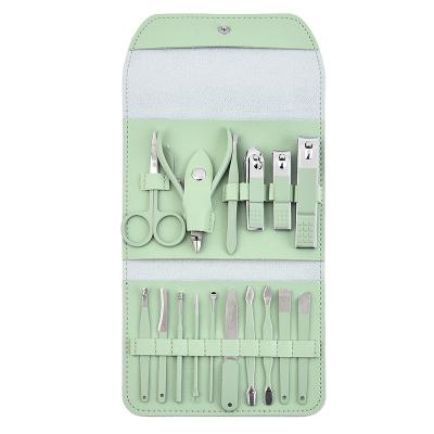 China OEM Manicure Set 16pcs Green Manicure Pedicure Set Cuticle Nipper Men Grooming Tools Kit Stainless Steel Manicure Manicura With PU Bag for sale