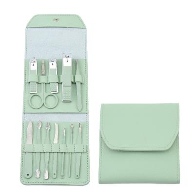 China Manicure Set 12pcs Private Label Green Manicure Pedicure Set Stainless Steel Nail Clipper Men Manicure Manicura Grooming Kit With PU Bag for sale