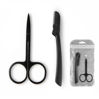 China Black Customized Stainless Steel 2PCS Kit Eyebrow Scissors Set Logo Eyebrow Razor Brow Grooming Tools for sale