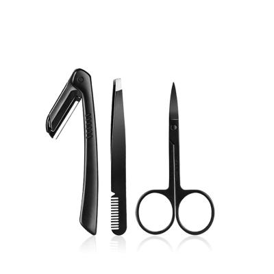 China With Instructions 3PCS Professional Black Eyebrow Razor Scissors Set Eyebrow Tools Kit Brow Eyebrow Tweezers With Comb for sale