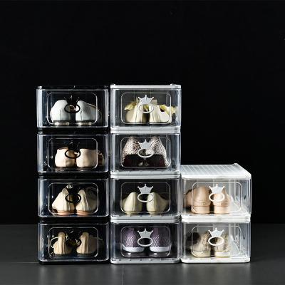 China Viable Clear Plastic Stackable Shoe Storage Boxes Drop Front Acrylic Drawer Type Magnetic Clear Shoe Box for sale