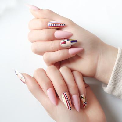 China Hot Sale Design Fake Nail Set, Sweet Style Girl Painted Metal Wire Stitching With Dot Adhesive Geometry Wave Fake Nails for sale