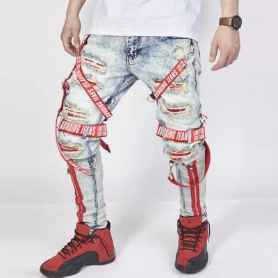 China Factory Fashion Wholesale Hip Hop Men's Slim Ripped Street Fit Men's Casual Strap Denim Pants Breathable Jeans for sale