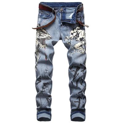 China Viable made in china new fashion men's jeans fashion men's tight straight pants men's mid waist full print stacked leg jeans for sale