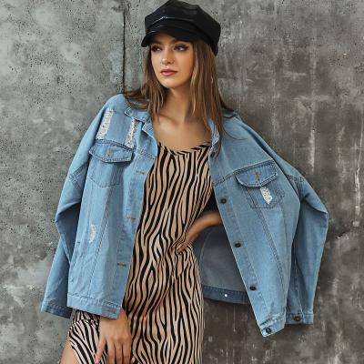 China Wholesale Blue Women's Autumn Washed Broken Denim Jacket Single Breasted Thin Sleeve Denim Top Ladies Breathable Street Wear Fashion Long for sale