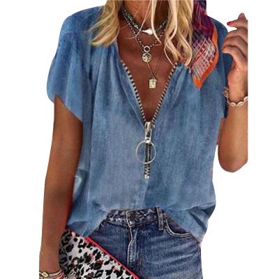 China Anti Pilling Hot Sale Fashion Women Short Sleeve Denim Tops Loose Fit T Shirts Fashion Casual Streetwear V Neck Zipper for sale