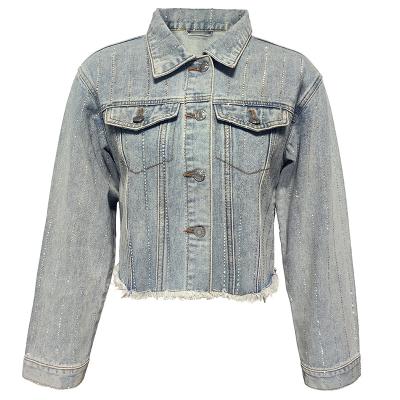 China Sequins 2022 Customized Casual Denim Jean Jacket For Ladies Diamonds Hole Women's Retro Sequin Denim Jacket Y2K Clothing Wholesale Fashion for sale