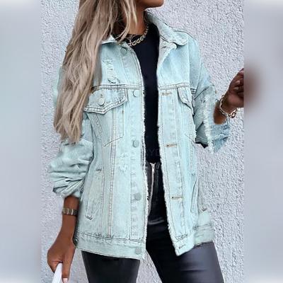 China China Factory Autumn Clothing Customized Long Denim Jacket Viable Women Distressed Loose Blue Single Breasted Denim Jacket For Women for sale