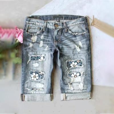 China Sustainable High End Custom Jeans Fashion Mid Blue Denim Shorts Distressed Print Plus Size Womens Jeans for sale