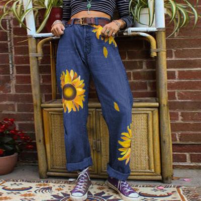 China Plus Size Viable High Women's Denim Pants Waist Women's Jeans Loose Mom Casual Printed Straight Pants for sale