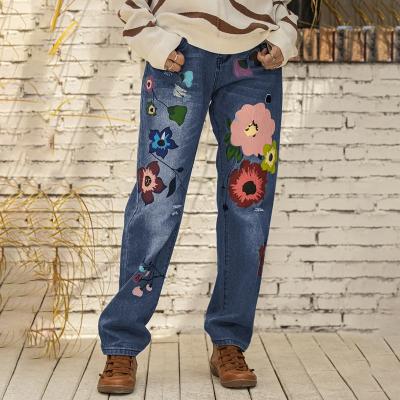 China High Quality Women's Blue Printed Mom Denim Pants High Waist Viable Women's Jeans Plus Size Women's Jeans for sale