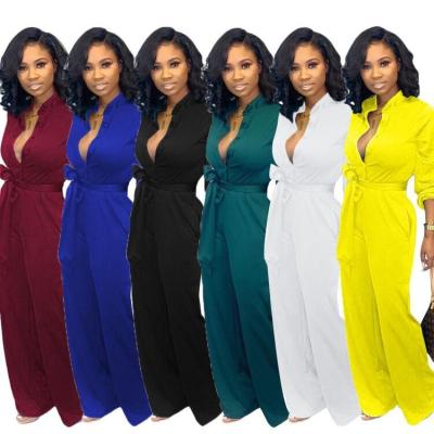 China LSD8602 Breathable 2021 Wholesale Price Drop Women Fashion Wide Leg V Neck Solid Color Long Sleeve Casual Overalls For Women Overalls for sale