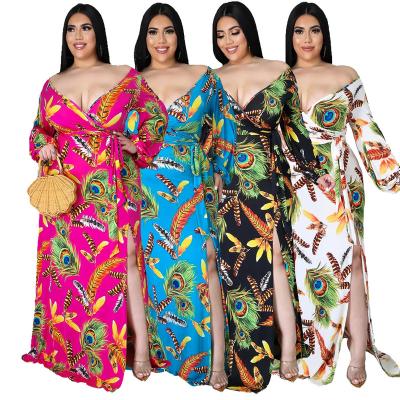 China SFY2117 Multicolor Sexy Anti-Static Sexy V-Neck Slit Printing Feather Loose Sleeve Long Plus Size Off The Shoulder Maxi Dress for sale