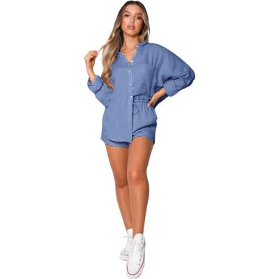 China 2022 New Arrival SSN211039 Summer Solid Color Breathable Long Sleeve Outfit Loose 2 Piece Women Blouse Sets for sale