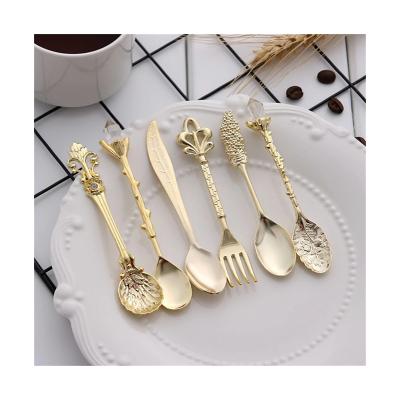 China 6Pcs Vintage Viable Dessert Spoons Fork Mini Royal Style Metal Gold Carved Coffee Snacks Fruit Dessert Fork for sale