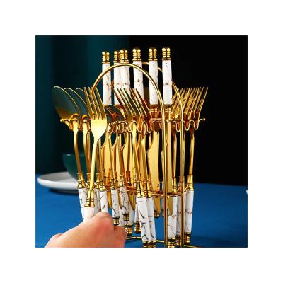 China Amazon Viable Gift Boxes Hanging Stainless Steel Cutlery Knife Fork Spoon Set Flatware 24pcs Sets With Metal Rack for sale