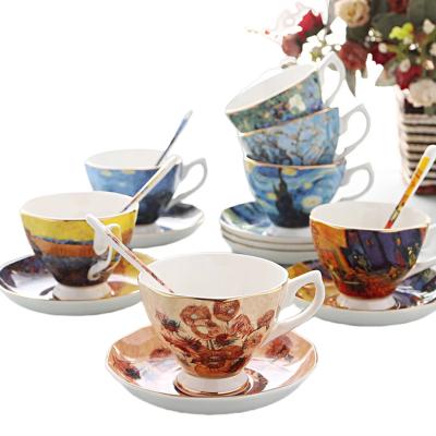 China Hot Selling Viable Classic Ceramic Van Gogh Tea Cups And Saucers Bone China Cup Set for sale