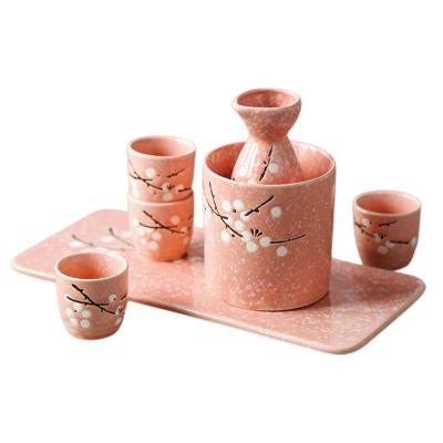 China 5 PCS/Set Sustainable Ceramic Japanese Sake Serving Set Household Wine Pot One Four Cups Cherry Blossoms Pattern Liquor Antiqu Sake Wine for sale